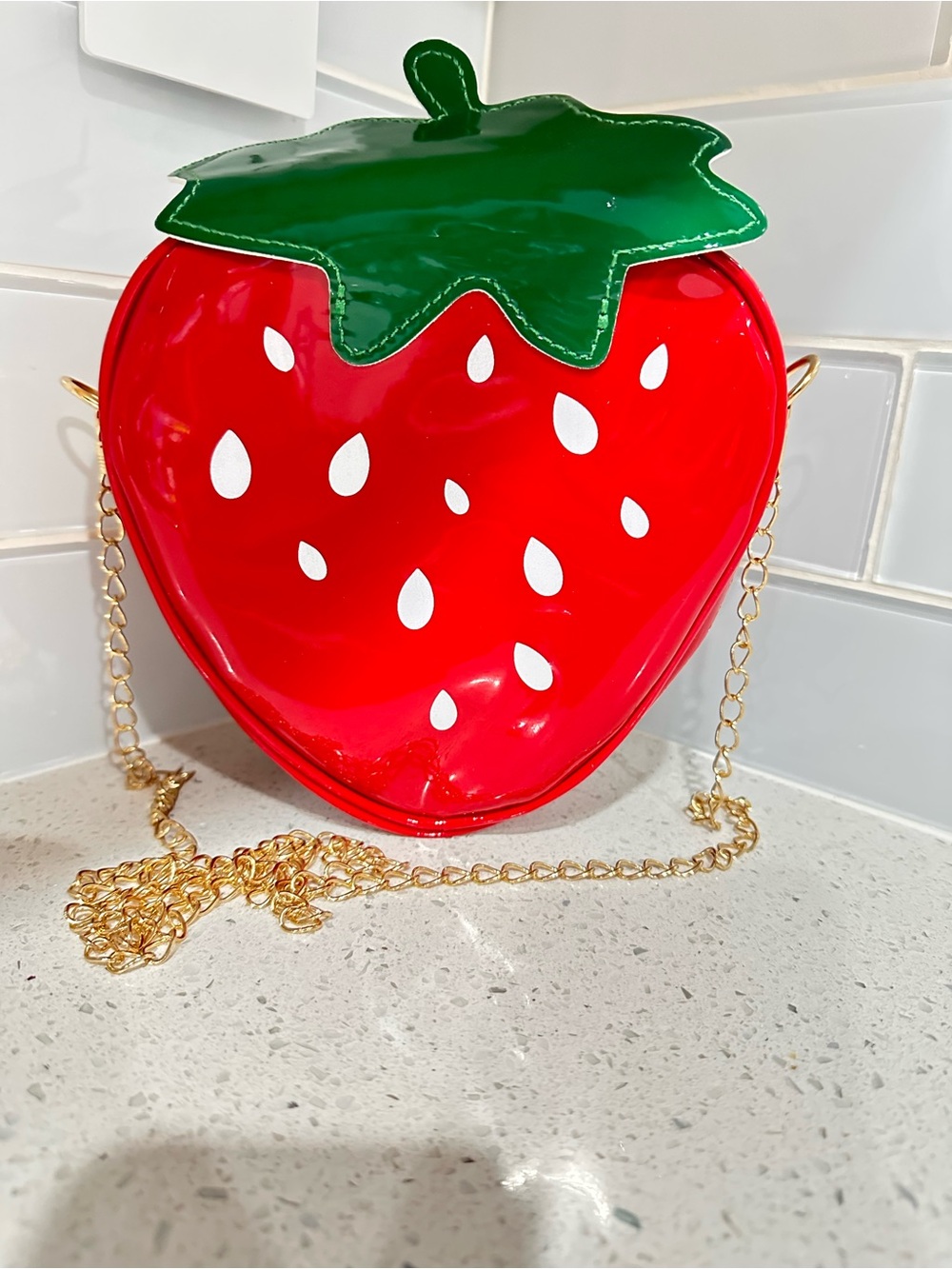 Novelty Strawberry Crossbody Purse Red Patent Chain Strap Cute Kawaii Bag